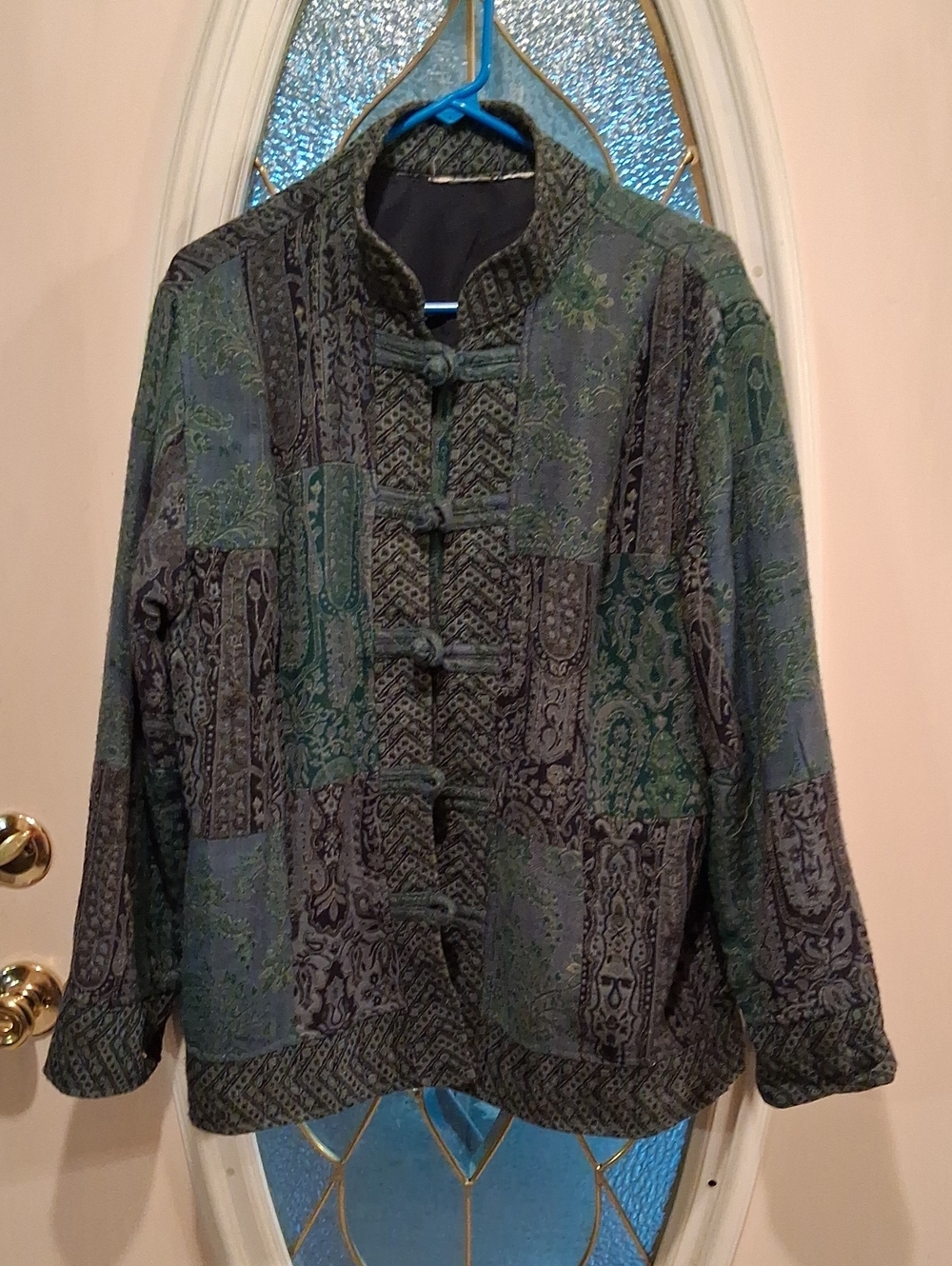 Vintage Green and Black Patterned Mandarin Jacket